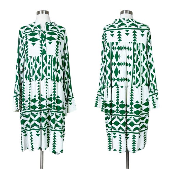 Anna Kay | Geometric White Green Bell Sleeve Flowy Short Designer Summer Dress L - Picture 12 of 12